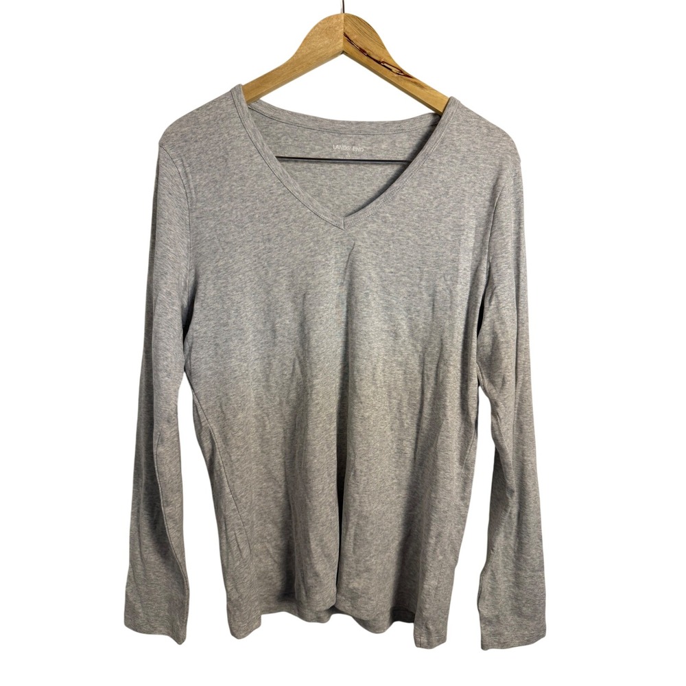 Lands End V-Neck Long Sleeve T-Shirt L 14-16 Gray 100% Cotton Basic Tee